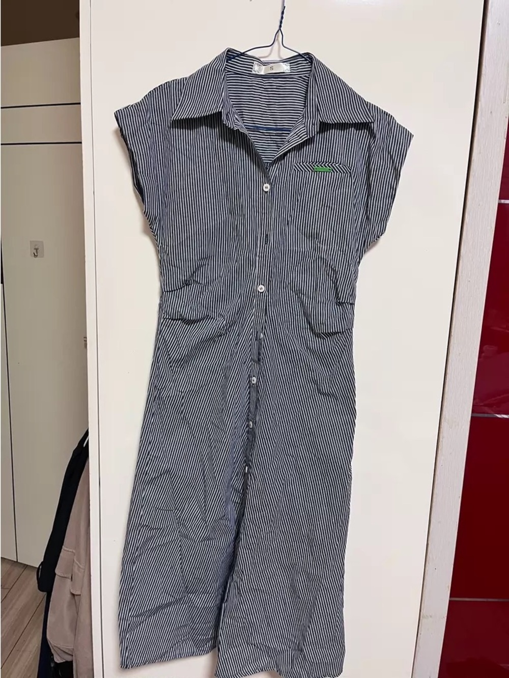 Striped Button-Front Jumpsuit with Green Accent